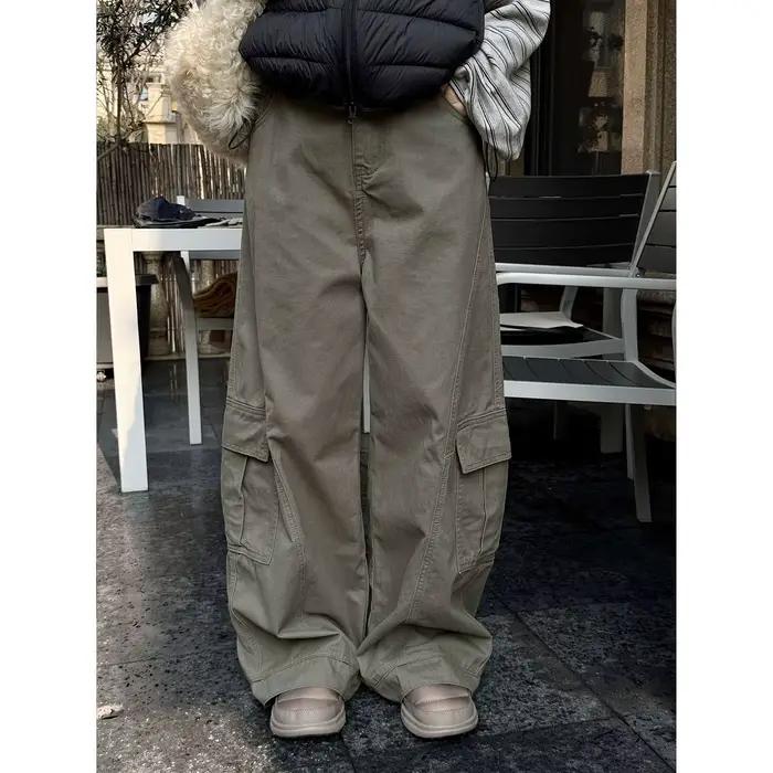 HanOrange 2026 début du printemps rétro marine noir grande poche incurvée jean femmes ample jambe la