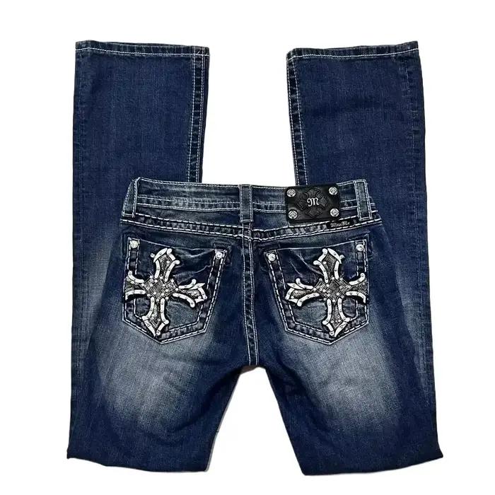 Jean rétro Miss Boot Me Cut pour femme, pantalon large, broderie en denim bleu gothique, poche crois