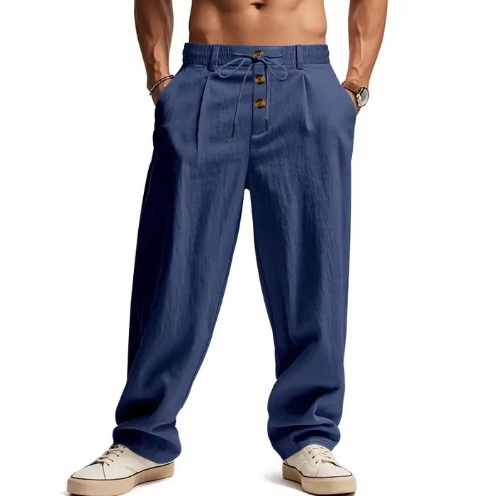 Pantalon en lin pour homme, décontracté, ample, à jambes larges, taille élastique avec cordon de ser