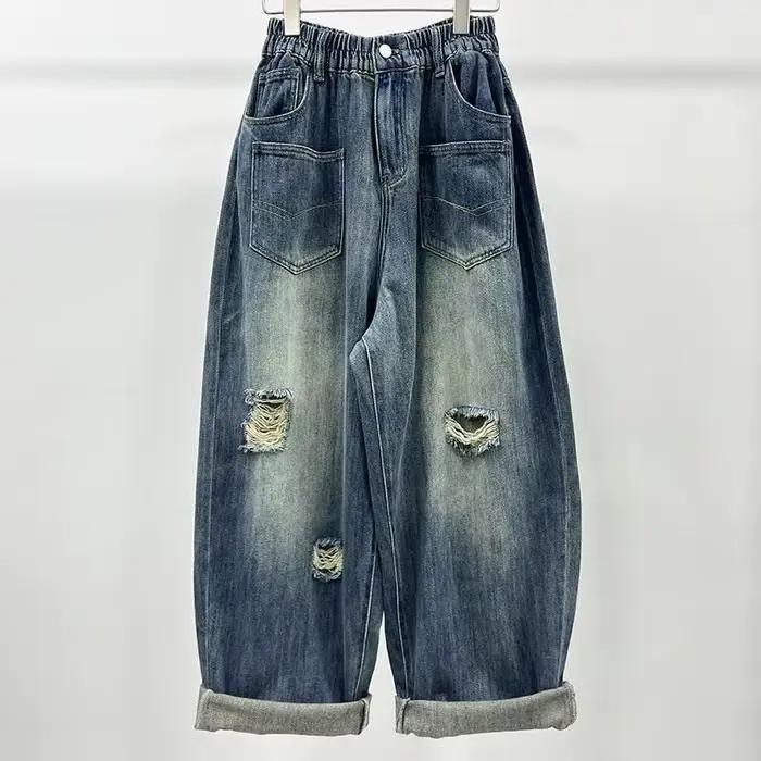 Pantalon large en jean déchiré d'été, mode féminine, personnalité, élastique, taille haute, polyvale