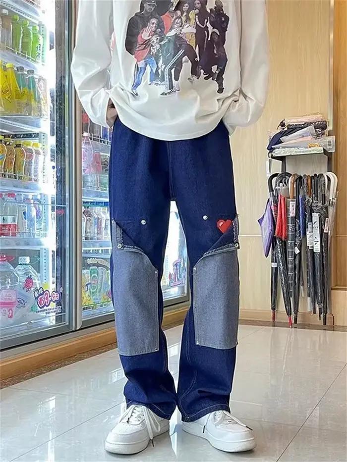 Hommes jean Patchwork multi-poches Couple Denim pantalon mendiant Style cargo pantalon haute rue déc
