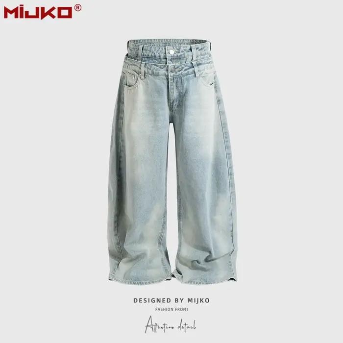 MIJKO Jean unisexe à double taille, silhouette vintage lavée, extensible, confortable, jean pour hom