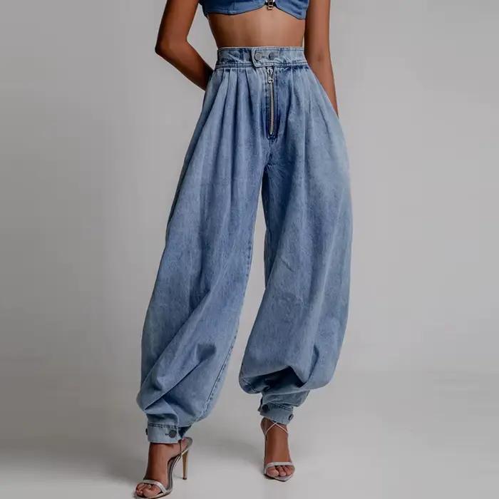 Jean rétro taille haute avec fermeture éclair pour femme, jean plissé, coupe ample, à la mode, Chic,