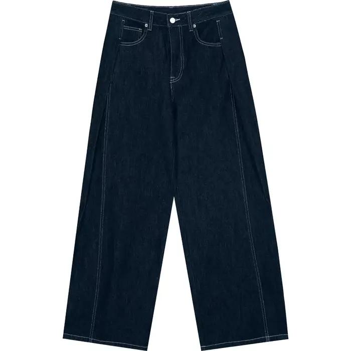 ELFSACK-Jean Délavé Bleu à Jambes Larges, avec Boucle Simple, Fermeture Éclair, Naturel, Décontracté
