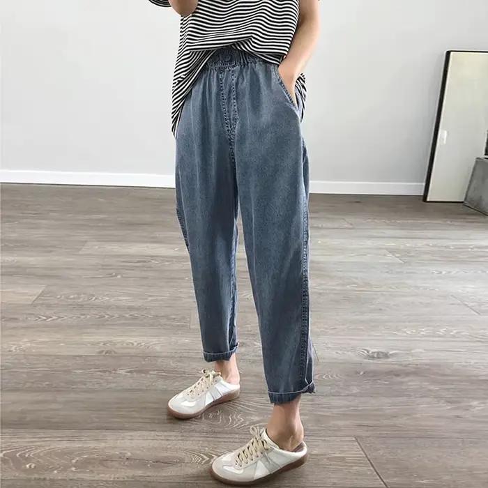 Été grande taille jean femme décontracté ample Baggy Denim sarouel taille élastique mince coton mama