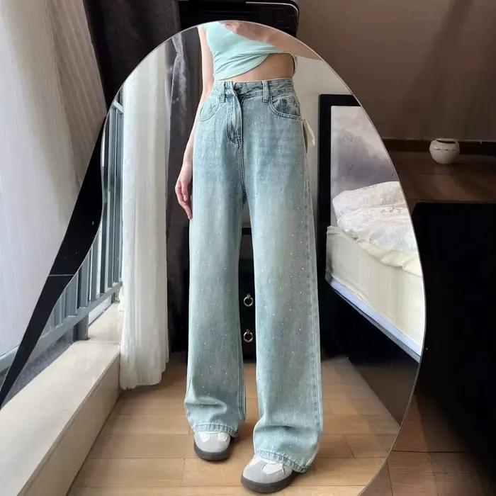 Jean large bleu clair à paillettes diamantées pour femme, coupe amincissante, motif ciel étoilé, lon