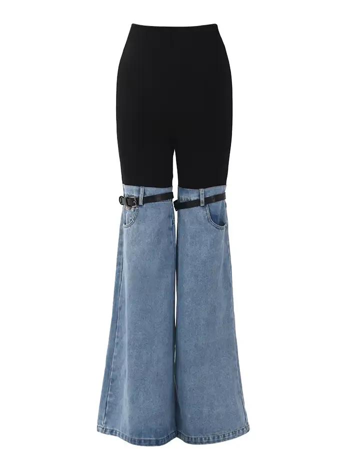 [EAM] taille haute bleu couleur bloc Denim longue jambe large jean nouveau lâche femmes pantalon mod