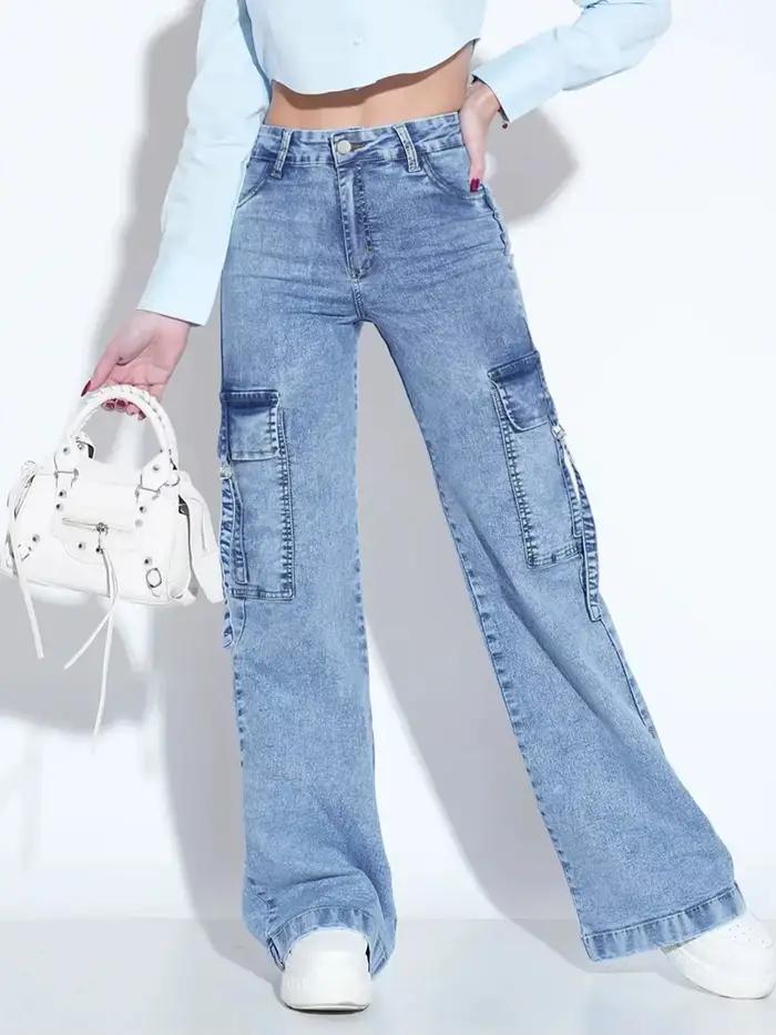 Jean utilitaire délavé pour femme avec plusieurs poches – Pantalon en jean élégant et pratique pour 