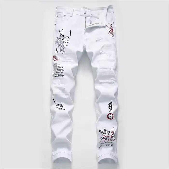 Nouveaux hommes Streetwear personnalité déchiré imprimé blanc jean skinny Hip Hop Punk décontracté m