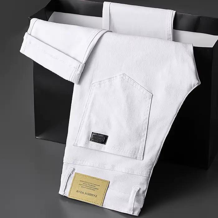 Jean blanc en coton pour hommes, élastique, doux, confortable, pantalon d'affaires décontracté, mode