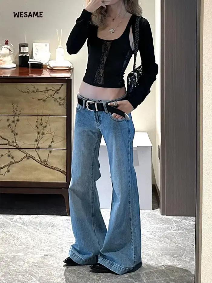 FemmesVintage Baggy bas atterrissage Flare jean minimalisme japonais Y2K Clash Street Style Denim pa