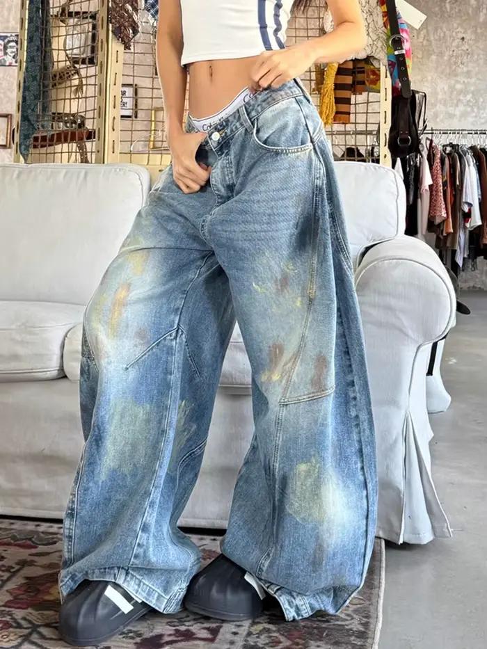 Jean Américain Vintage Effet Vieilli Tie-Dye Graffiti pour Homme, Pantalon en Denim Ample et Droit S
