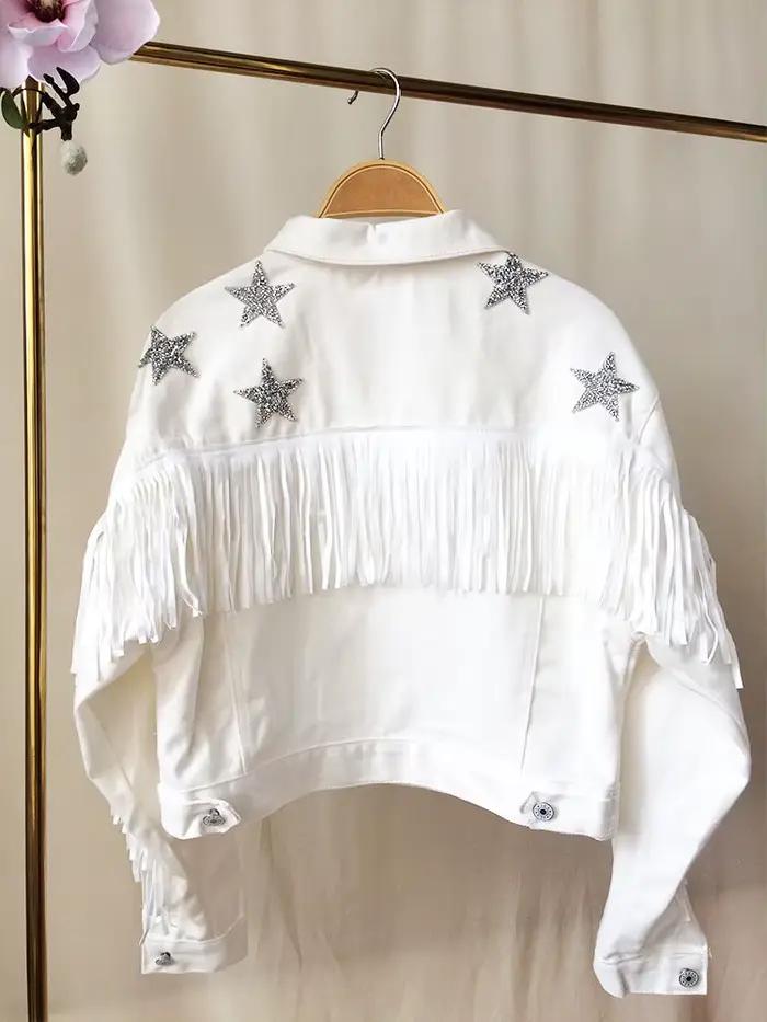 Veste en jean avec étoiles, frange blanche, perle et biscuits, veste de mariée personnalisée, combin