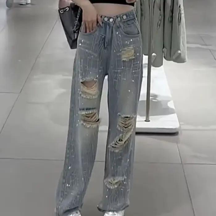 Pantalon en Denim déchiré à jambes larges pour femmes, fait européen, tendance, fin, taille haute, a