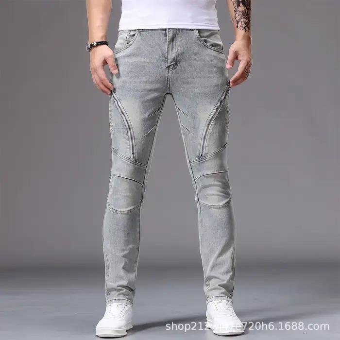 Jean en denim élastique rétro pour homme, style motard, avec fermeture éclair et patchwork, coupe aj