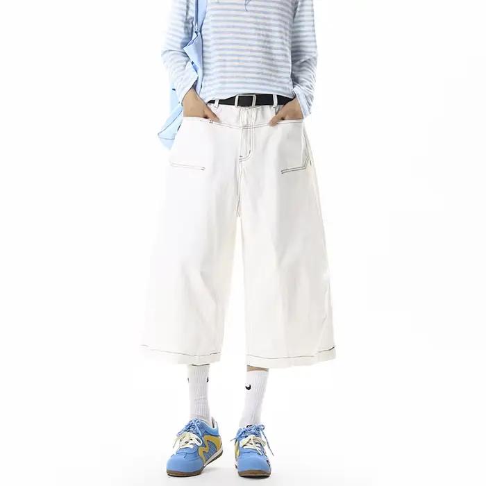 Pantalon en jean blanc pour homme, coupe capri, tendance, en tissu denim, avec coutures apparentes, 