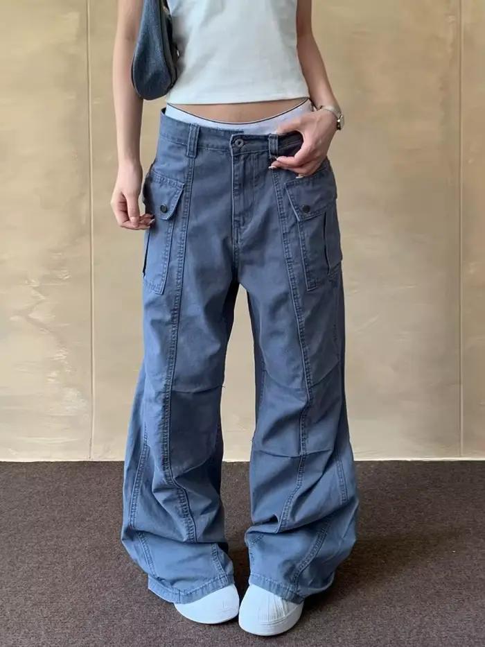 2025 Cyber Y2K mode bleu Baggy plissé Cargo jean pantalon pour femmes vêtements droit coréen décontr