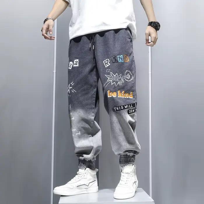 Jeans à imprimé graffiti pour hommes, pantalons à bandes dégradées, jeans cargo en denim, hip hop fj
