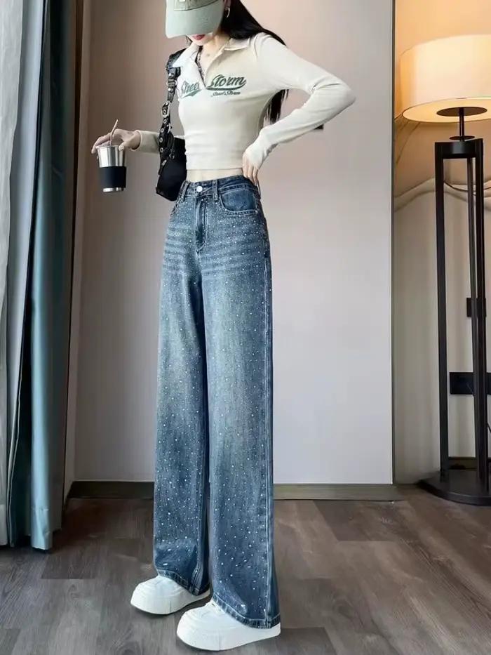 Pantalon bleu avec strass jambe droite taille haute Shot femmes jean tendance 2025 pantalon pour fem