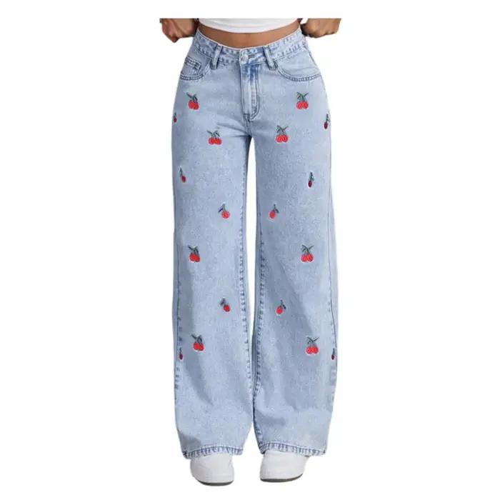 Jean baggy pour fille à imprimé cerises, coupe large, extensible, avec fermeture éclair, jean décont