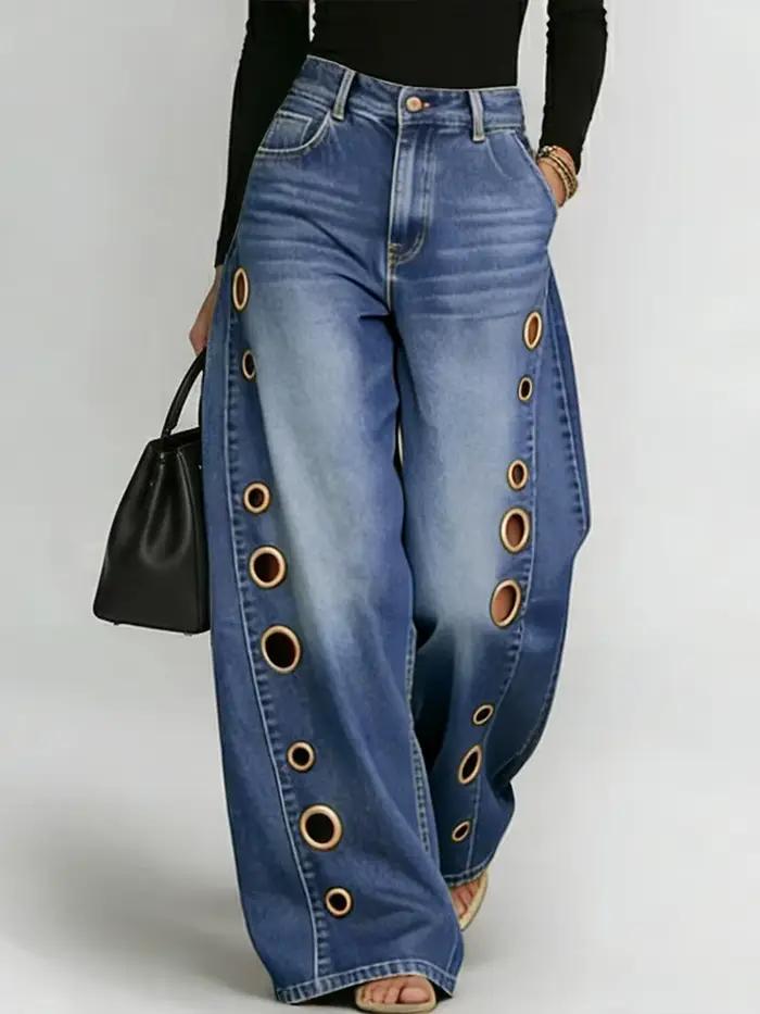 Jean large décontracté taille haute bleu délavé avec œillets métalliques Missuoo pour femme 2026 – P