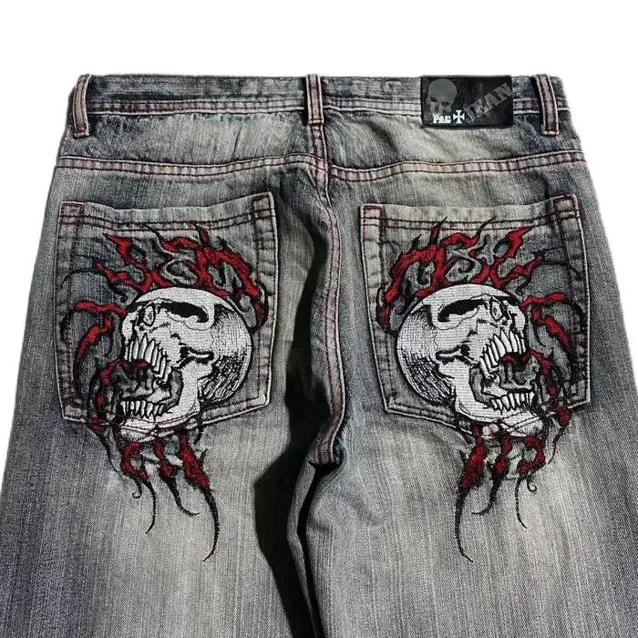 Streetwear rétro jean Y2k motif gothique brodé marron jean ample hommes et femmes à la mode jambe dr