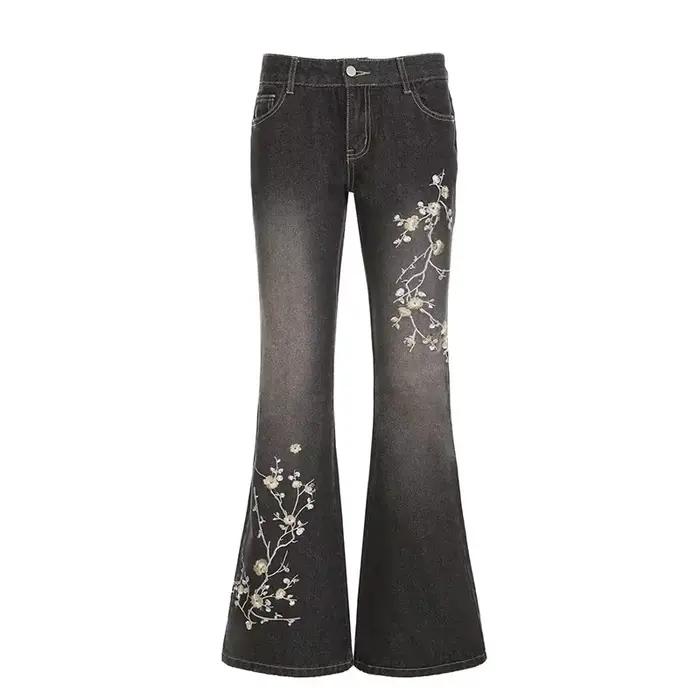 Jean brodé à fleurs pour femmes, Vintage, taille basse, évasé, rétro Y2k, Baggy, pantalon en Denim, 