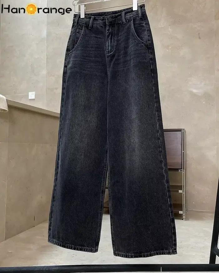 Jean large en coton HanOrange Printemps 2026 pour femme, style rétro, délavé, taille haute, décontra