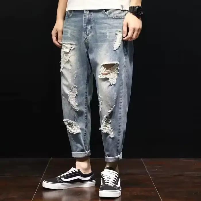 Jean en denim fin à trous pour homme, coupe ample, longueur 7/8, grande taille, pour hommes corpulen