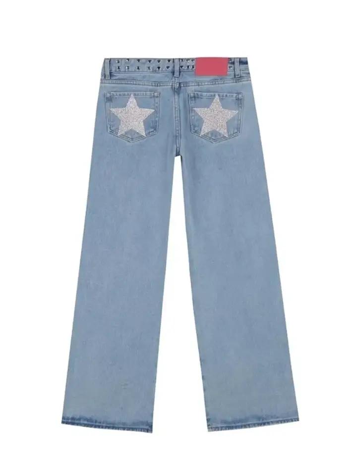 Jeans vintage pour femmes, pantalon en denim taille haute, imprimé étoile à cinq branches, style Har