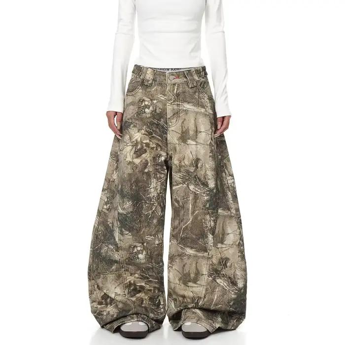 Jean camouflage brodé style streetwear américain pour homme et femme, coupe droite rétro, jambe larg