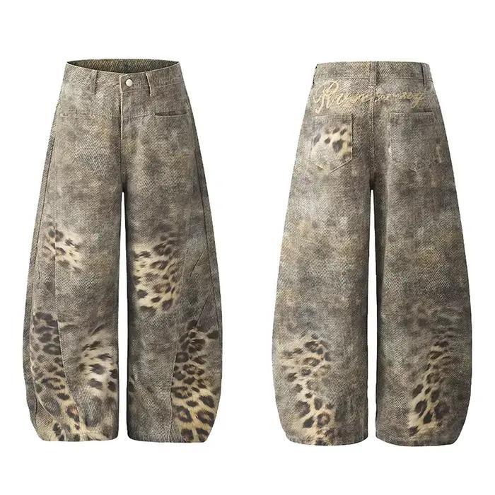 IEFB Jeans pour hommes avant-gardistes, imprimé léopard dégradé, coupe ample à jambe large, style st