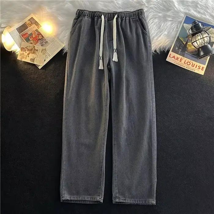 Jean ample à jambes droites, taille élastique, coupe cintrée, pantalon à jambes larges, couleur unie
