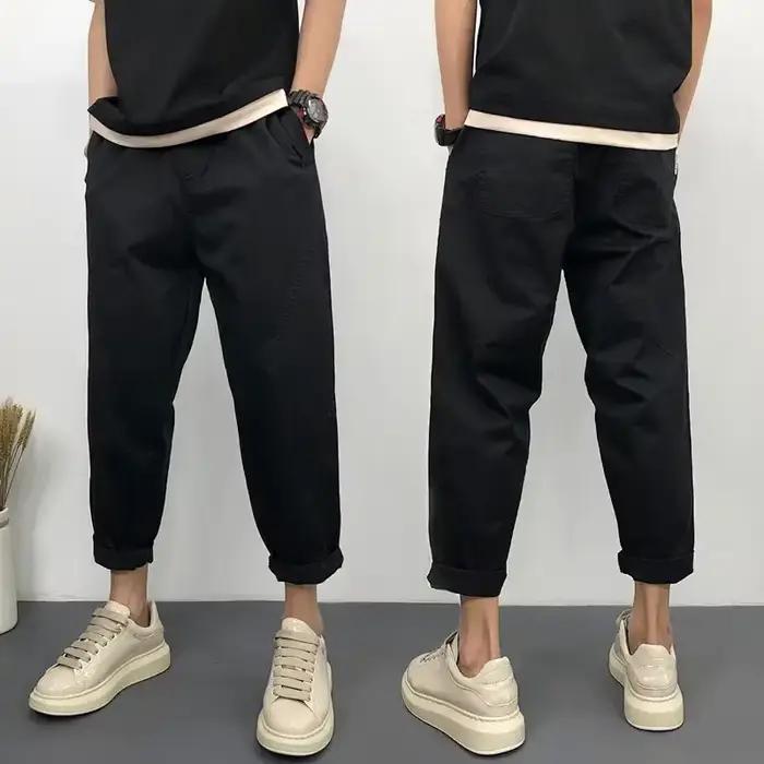 Pantalon fuselé court blanc pour homme en mélange de coton décontracté avec détail de couture incurv