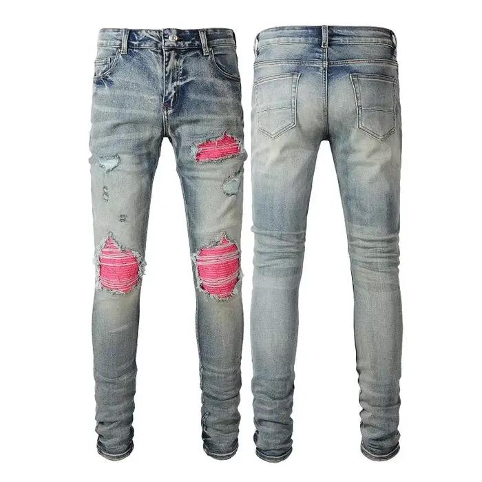 Jean troué en denim lavé pour homme, longueur de rinçage, pantalon crayon, taille moyenne, vintage, 