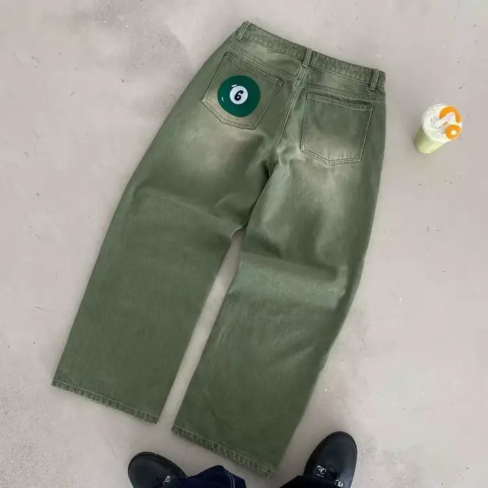 Jeans en denim rétro Y2K, couleur matcha, lavés, brodés, style billard, mode londonienne, style new-