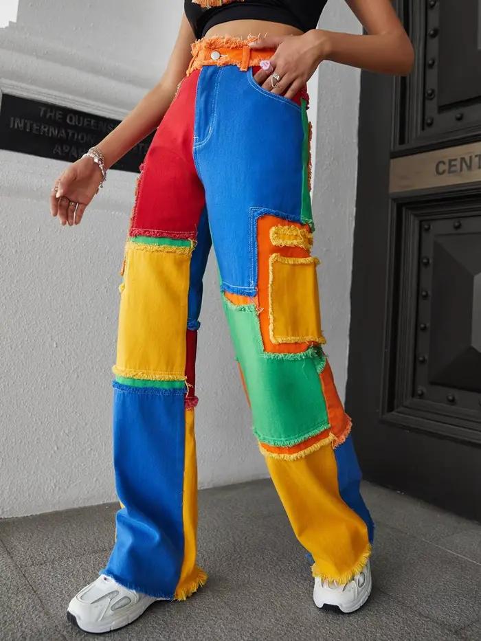 Jeans Workwear Colorblock pour Femme, Style Tendance et Décontracté, Pantalon Large à Ourlet Effet D