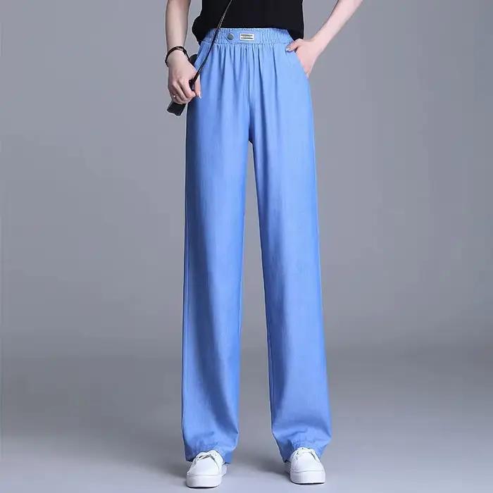 Jean en soie glacée pour femmes, pantalon d'été fin et confortable en Denim bleu, jambes larges, éla