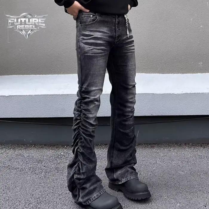 Jean en denim évasé à volants et boutons, coupe incurvée, style Hip Hop, streetwear, délavé vintage,