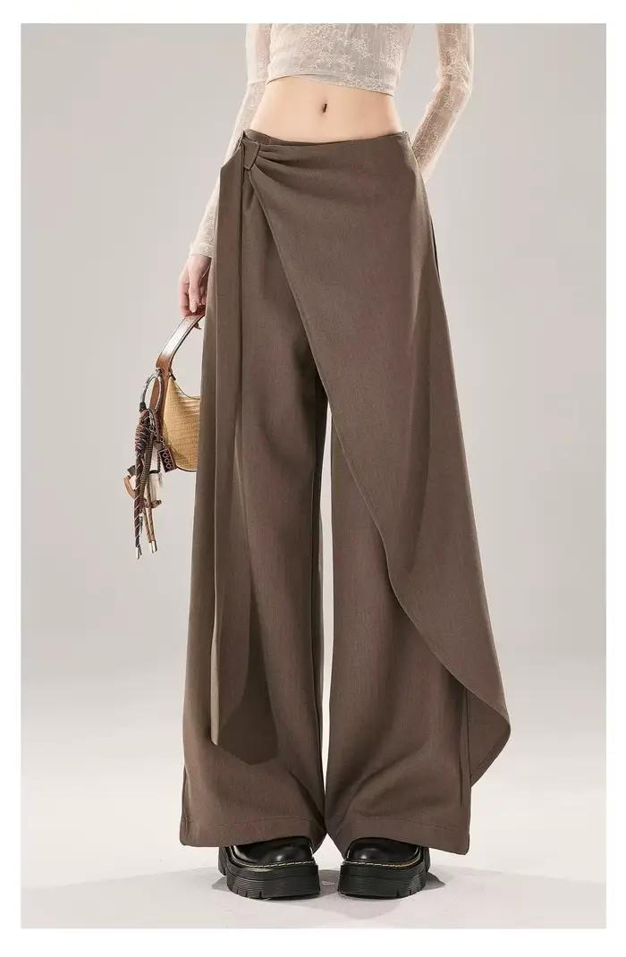 Pantalon large taille haute pour femme, coupe décontractée fluide, design asymétrique, confortable, 
