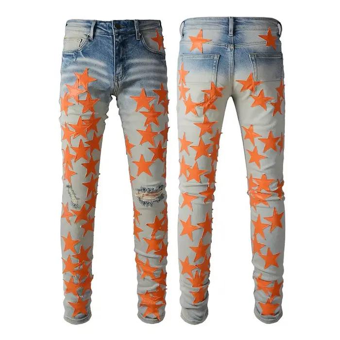 Jean homme en détresse Streetwear pantalon en Denim bleu clair étoiles jaunes Patchwork trous de mou