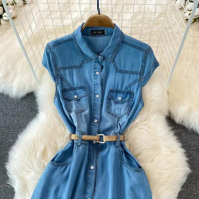 Robe Maxi en Jean pour Femme, Élégante, Col à Revers, Fibre Fine, Style Français, Rétro, Ligne A, Ch