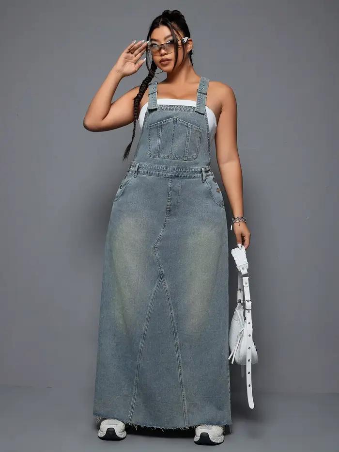 Robe longue en jean grande taille dos nu, coupe ample amincissante, jupe vintage délavée à ourlet ef