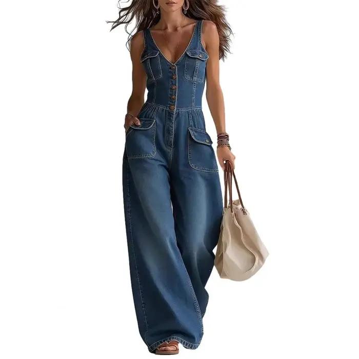 Combinaison en jean pour femme sans manches, col en V, jambe large, tenue d'été, taille haute, une p
