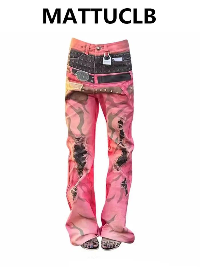 Jean baggy pour femme, tie-dye, déchiré, style punk grunge Y2K, Harajuku japonais, années 2000, High