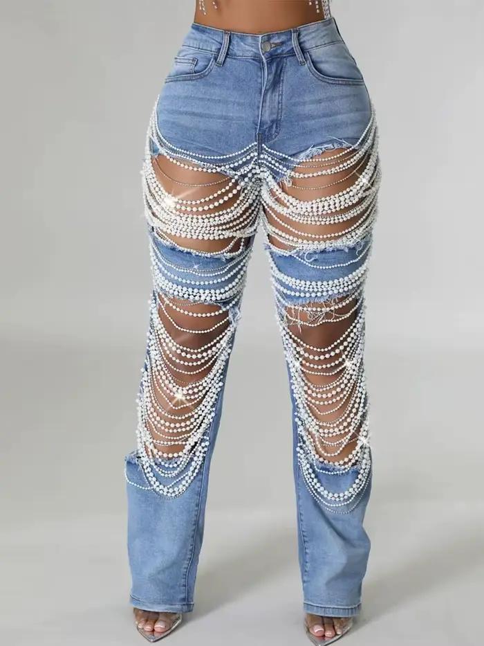 Pantalon en Denim à trous déchirés détruit pour femmes, chaîne de strass en perles, coupe Slim, jean