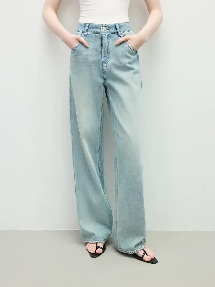 FSLE lavé en détresse taille haute jean droit pour les femmes 2025 été nouveau coupe mince polyvalen