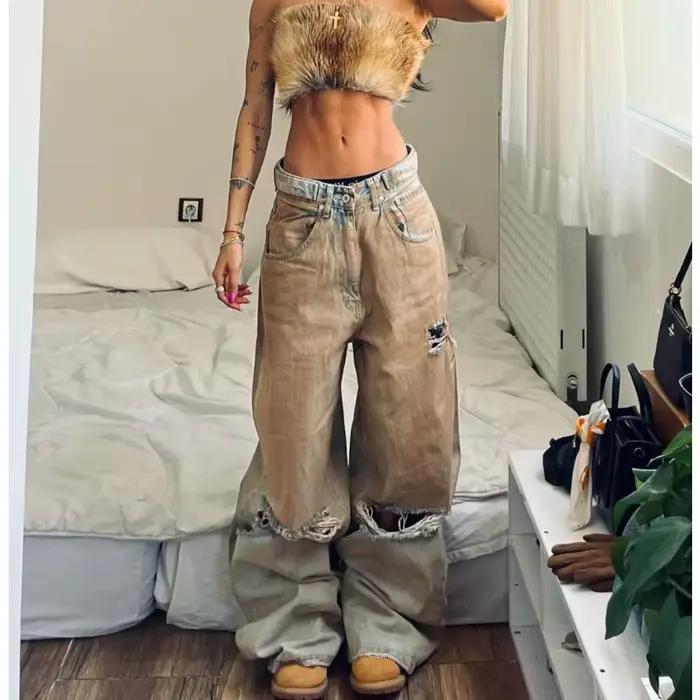 2025 Wasteland High Street Old Jeans Broken Trend Jeans amples à jambes larges
