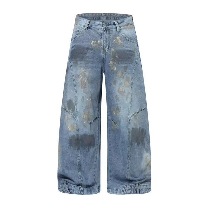 Graffiti sale lavage jean hommes poche rétro haute rue épissé jambe large Baggy Denim banane pantalo
