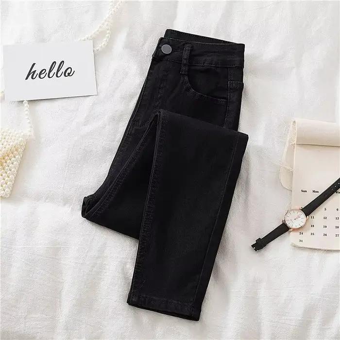 Jean taille haute pour femme, coupe slim, extensible, noir, style décontracté, nouvelle collection p
